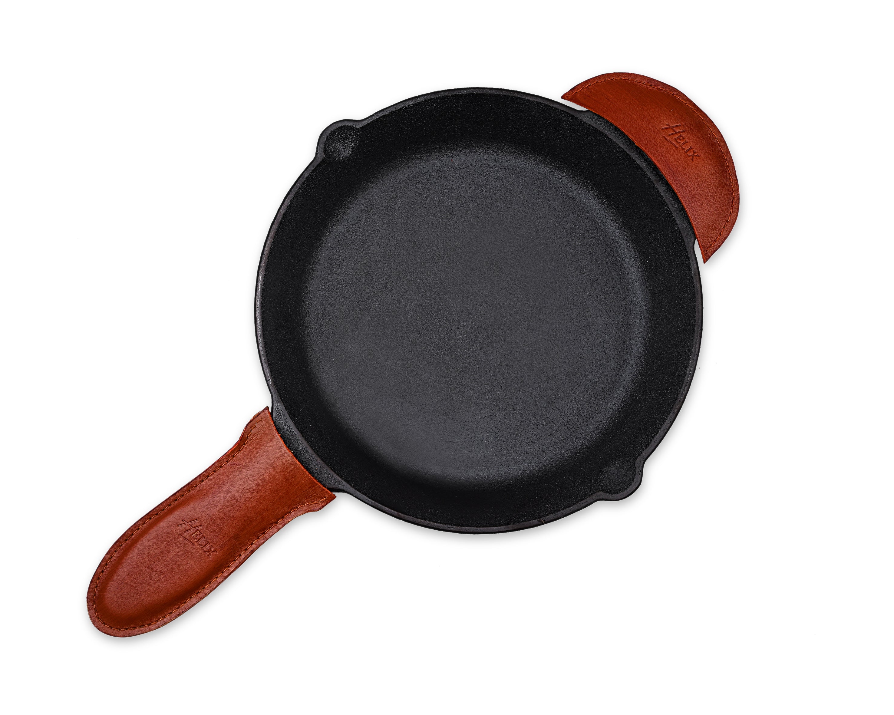 HELIX BUNDLE: 3 BIG SKILLETS ( 32,28,25 cm ) + 2 Leather Handles Covers - Lifetime Warranty