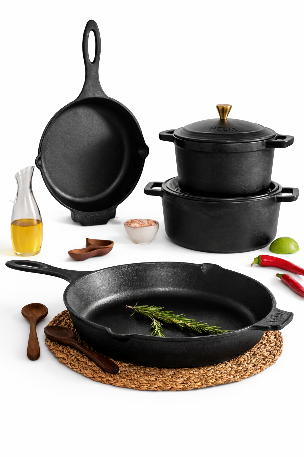 Heritage Bundle : 2 Skillets ( 25 & 22 cm ) + 2 Dutch Ovens ( 25 & 20 cm ) + 2 Leather Handles Covers