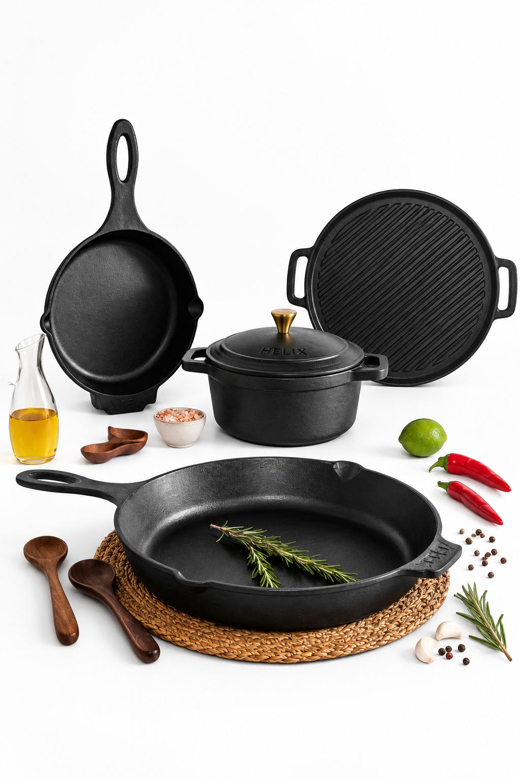 Heritage Bundle : 2 Skillets ( 25 & 22 cm ) +  Dutch Ovens ( 25 & 20 cm ) + 2 Leather Handles Covers