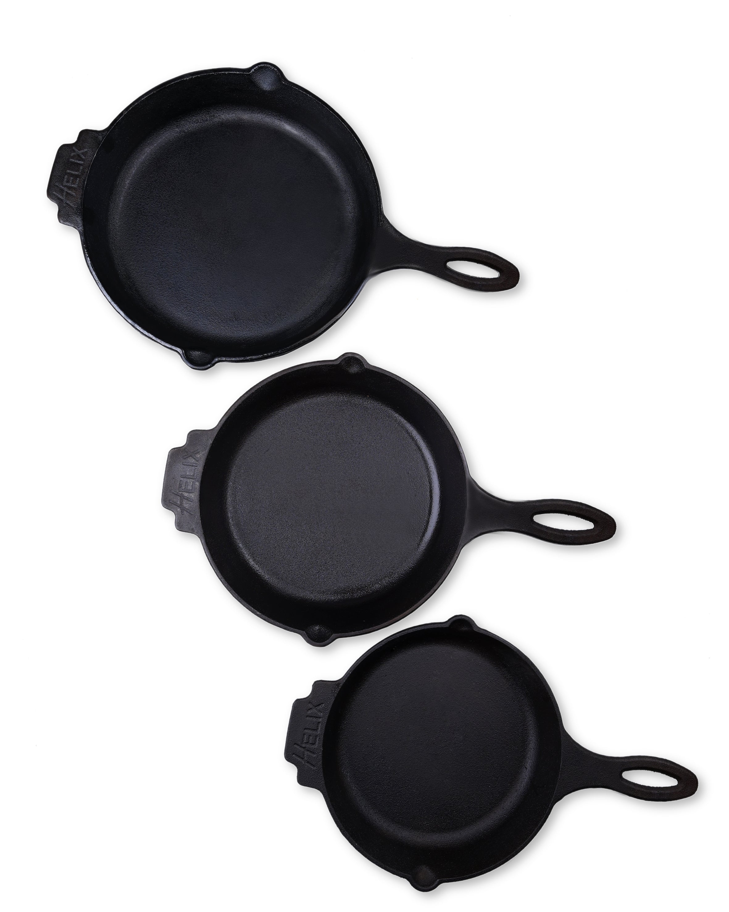 HELIX BUNDLE: 3 BIG SKILLETS ( 32,28,25 cm )  + 2 Leather Handles Covers - Lifetime Warranty