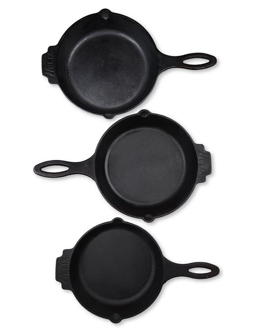 Helix Timeless Craft Set: ( 3 Sizes Skillets + 1  Leather Handles Cover ) Life time Warranty