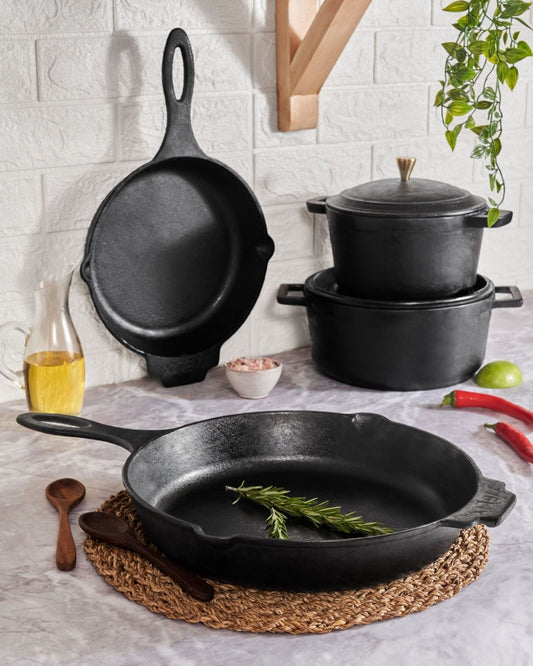 Helix Heritage Set : 2 Skillets + 2 Dutch Ovens + 2 Leather Handles Covers